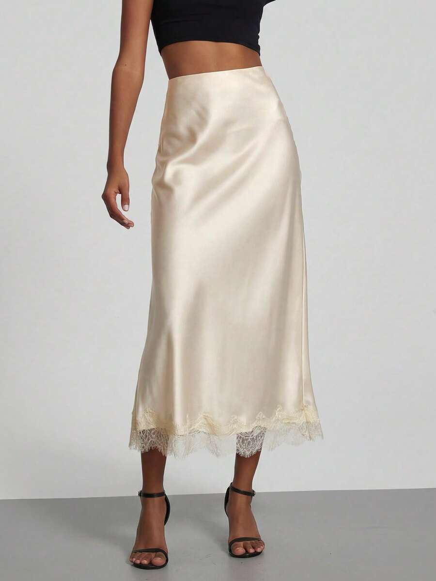 Women's Elegant Lace Patchwork Satin Skirt, Spring/Summer - Apricot - View 1