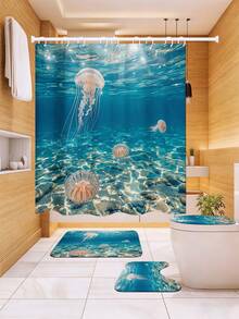 1/3/4件套深海水母印花浴帘浴室套装,海洋生物风格浴室窗帘,防水耐用现代家居浴室装饰浴帘,72英寸*72英寸浴室隔断浴帘,包含12个挂钩,浴室配件 - 包括马桶盖、浴垫和地毯,采用涤纶面料 - 可水洗,适用于家庭浴室/酒店/度假租赁/西式浴室/水族馆/房车深海风格浴室装饰,四季皆宜,公寓必备,乔迁礼物,母亲节礼物 - 水母 - 查看 7
