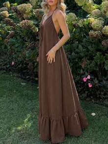 Women's Brown Spaghetti Strap V-Neck Loose A-Line Dress With Ruffle Hem, Vacation Beach Dress - Coffee - View 3