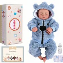 DreamyDolly 17-Inch Sleeping Reborn Baby Boy Doll With Closed Eyes, Soft Cloth Body, Vinyl Head & Limbs, Blue Bear Plush Outfit, Gift Box & Accessories, Gift For Kids 3+ - 寶藍色 - 查看 1