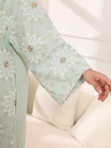 Đầm thêu hoa màu xanh lá cây thanh lịch, trang phục nữ Ả Rập, cổ Jalabia tay rộng, mẫu mới thời trang tươi mới, đầm màu xanh lá nhạt thời trang dành cho nữ. - Màu xanh Bạc hà - Xem 8