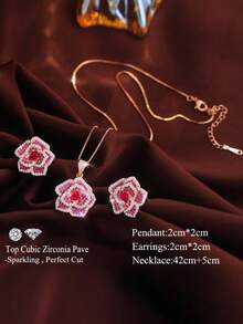 Bộ trang sức cao cấp gồm dây chuyền và bông tai hình hoa màu hồng cánh sen đính đá Cubic Zirconia, mạ vàng hồng, thích hợp đeo hàng ngày cho nữ. - Màu Hồng Tươi - Xem 7