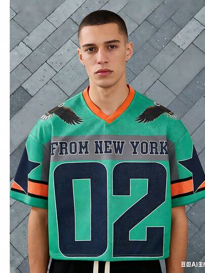 [American Retro Sports Style] Green Mesh V-Neck Short Sleeve Basketball Jersey With "FROM NEW YORK" Slogan, "02" Graphic Print, Orange-Gray Contrast Sleeve Stripes, Casual Basketball Street T-Shirt