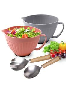 1/2/3pcs Large Capacity Salad Bowl Set, 2.2L Thick PP Plastic Mixing Bowl, 430 Stainless Steel Mixing Spoon & Fork, Versatile Cookware Set For Baking, Cooking, Salad Mixing, Suitable For Holiday Party, Family Gathering, Outdoor BBQ, Kitchen Essential - View 12