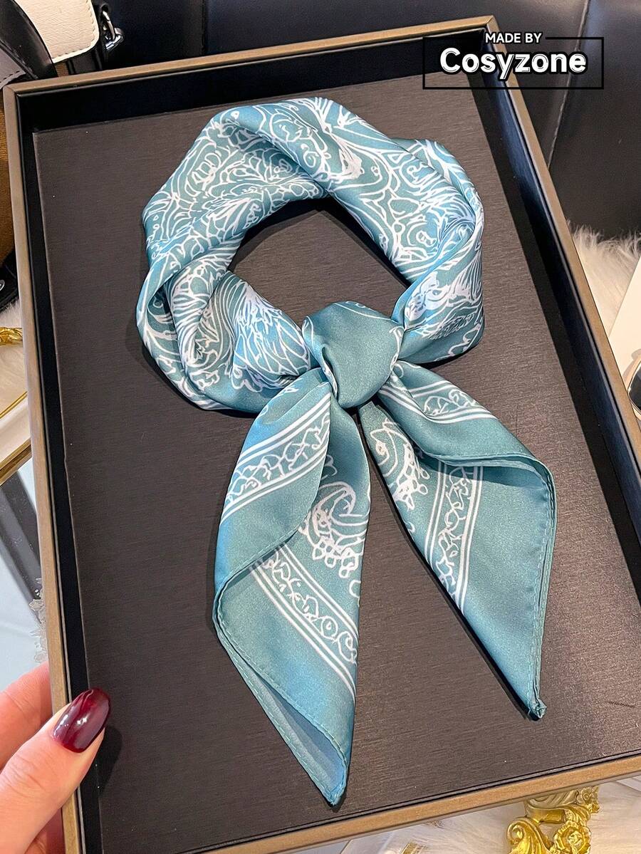 1pc Faux Silk Paisley Floral Print Bohemian Style Bandana, Versatile Hair Scarf Accessory For Women, Essential For Spring/Summer, Fashion Decoration For Daily Wear,Travel Essential,Holiday - Cadet Blue - View 1