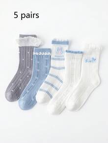 5 Pairs Spring/Summer Children's Sweet Lace Bow Mesh Mid-Calf Socks, Fresh Academic Style Versatile, Cute Breathable Student Socks, Suitable For Daily Wear - Multicolor - View 11