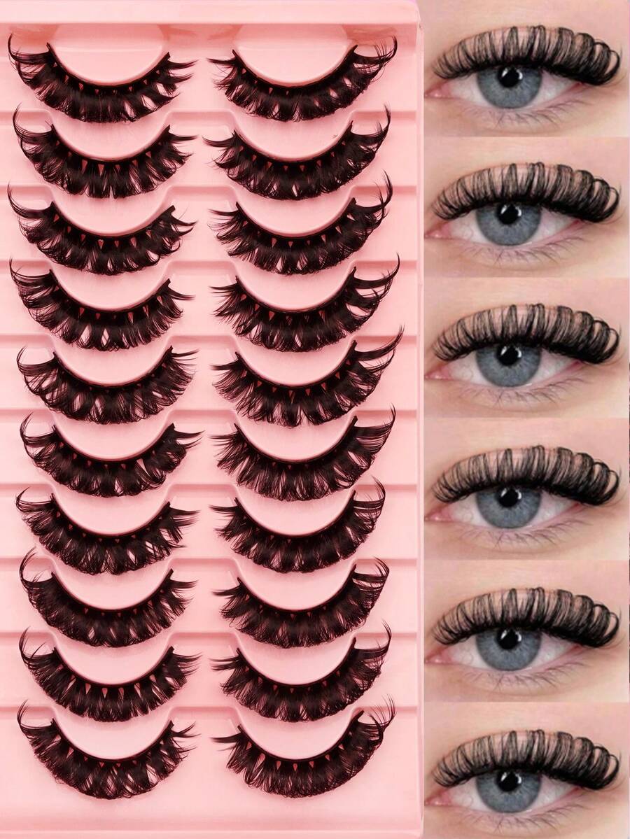 Waloshow 10 Pairs D-Shaped Russian Striped Lashes, Cat Eye Style, Natural Fluffy Faux Mink Eyelashes, Increase Volume And Length, Create Fox Eye Effect - Black - View 1