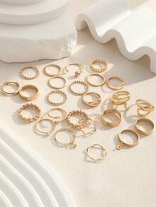 24pcs Smooth Geometric Snake Shaped Rhinestone Pendant Rings, Vintage Thin Band Stackable Rings, Classic French Style Versatile Gold Tone Rings For Women - Gold - View 4