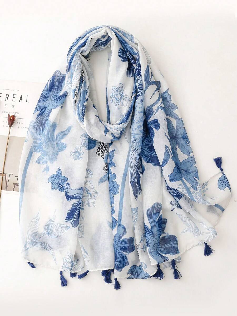 1pc Women's Linen Tassel Printed Scarf, Suitable For Beach, Vacation And Daily Life, Adding Highlights To Your Style, All Seasons,Accessories,Holiday - Blue - View 1