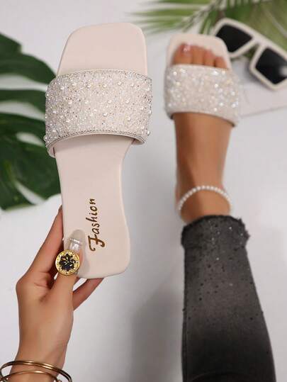Nuevas sandalias de lujo tipo mula con puntera cuadrada antideslizante y decoración de strass y perlas, de talla grande, de moda y versátiles para usar en la playa y en resorts