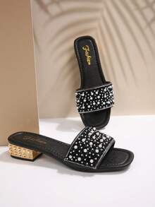 2026夏季新款，时尚经典，百搭水钻装饰粗跟女凉鞋 - 黑色 - 查看 6