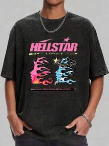 Hellstars Paradise Flame Profile Y2K Washed Print Round Neck Short Sleeve T-Shirt, 230g 100% Cotton T-Shirt, Summer Clothes, Men's Tops, Casual And Comfortable, Fashionable Graphic Tee, Unisex Style Couple Outfit, Parent-Child Outfit, Family Outfit,Tops For Women,T Shirts For Men,Girls Clothes,Boys Clothes,Holiday Outfits For Women,Summer Holiday Outfits,Summer Tops,Summer Clothes,Gym T Shirt,Girls Holiday - 黑色 - 查看 6