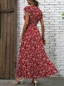 Đầm ngắn tay cổ chữ V in họa tiết phong cách Bohemian dành cho nữ, với viền bèo nhún và chi tiết xếp ly, thanh lịch, thích hợp cho kỳ nghỉ. Màu đỏ quyến rũ. - Đỏ - Xem 3