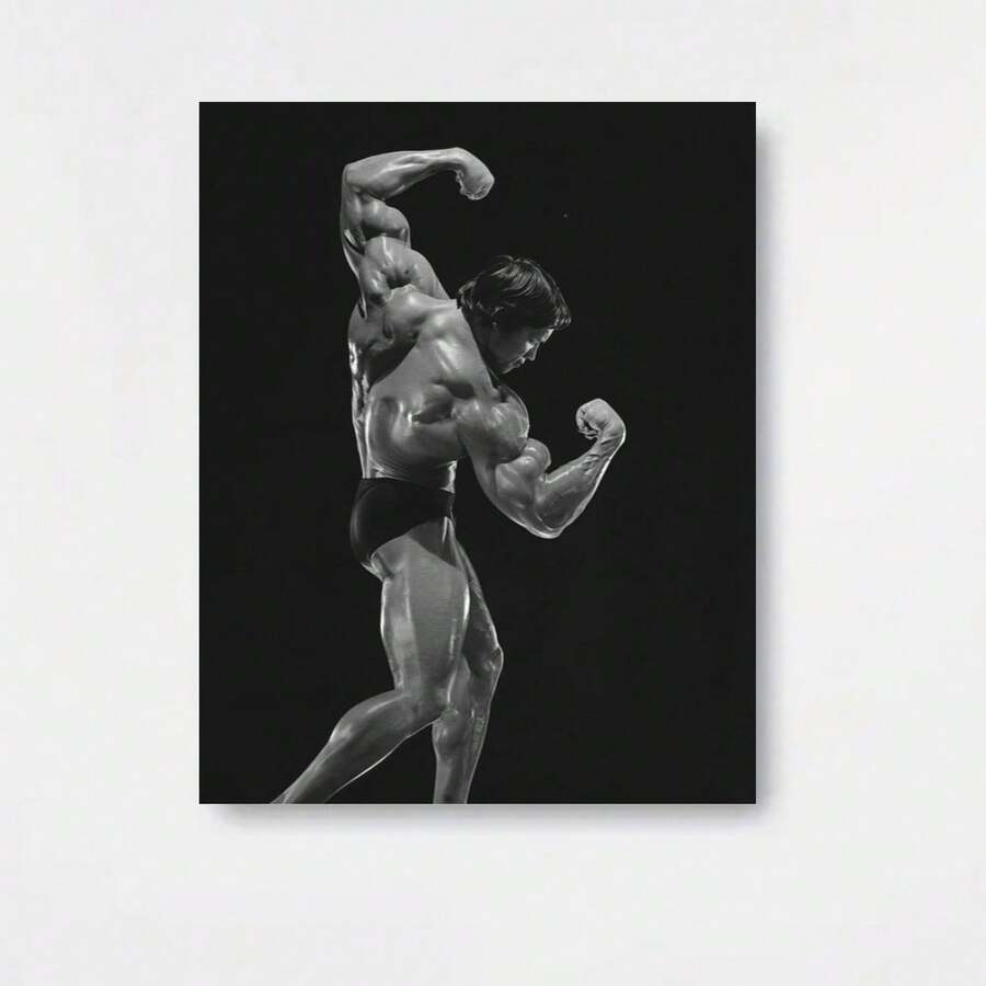 Cuadro de lienzo 2D plano sin marco con un mural de culturismo en blanco y negro que mide 12.0 x 18.0 pulgadas, ideal para decorar bares, clubes, cafeterías y restaurantes, y para la decoración de dormitorios, salas de estar y oficinas - Enmarcado - Ver 1