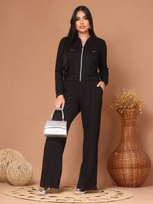 Wide-Leg Pants + Long-Sleeved Jacket In Cool, Lightweight Fleece Fabric For Winter 2026. Zipper. - Black - View 1