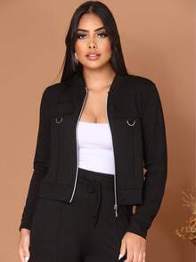 Wide-Leg Pants + Long-Sleeved Jacket In Cool, Lightweight Fleece Fabric For Winter 2026. Zipper. - Black - View 4