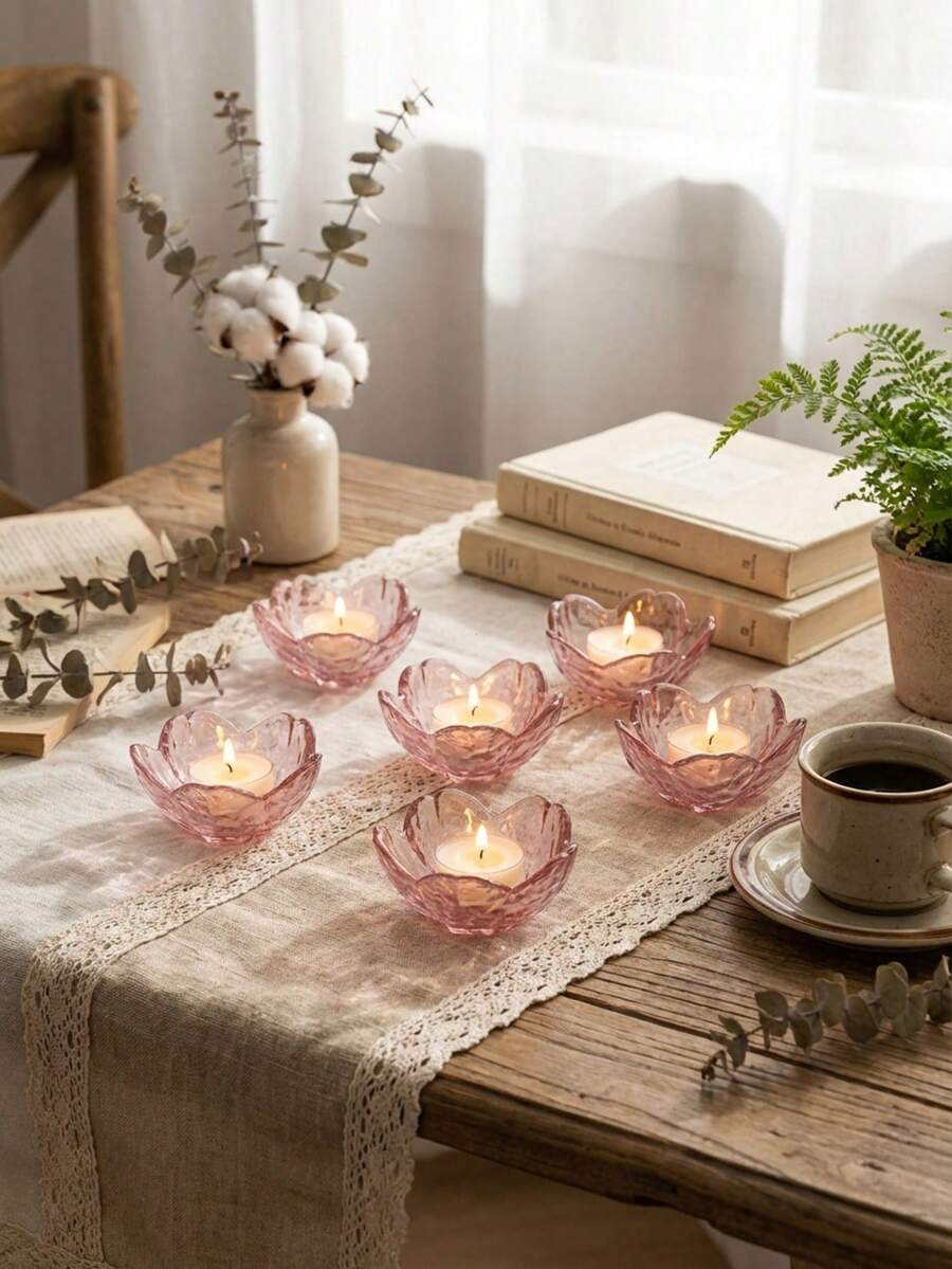 1/3/6/12pcs Glass Cherry Blossom Candle Holders, Decorative Art Candle Holders, Transparent Desktop Candle Holders, Suitable For Living Room, Dining Room, Holiday Decor, Wedding Table Decor, Candle Holders, Spring & Summer Home Decor, No Power Or Battery Required