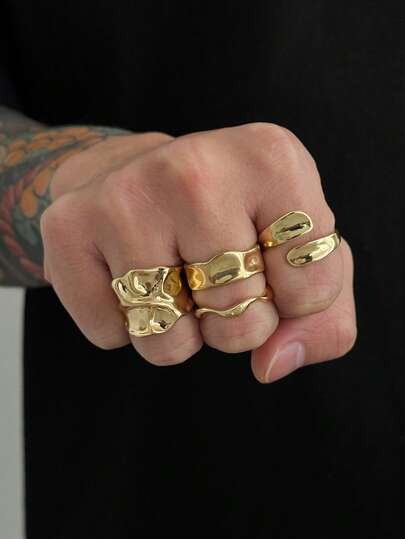 4pcs Punk Style Pleated Rings Set For Men, Versatile Function, Unique Design, Suitable For Daily Commute, Gathering With Friends, Vacation Wear