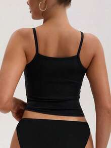 Women's Pure Black Camisole, Backless Thin Strap Design, Comfortable Basic Casual Wear, Summer Tops, Summer Vest,Summer Outfits For Women - Black - View 4