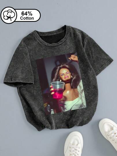 Áo thun nữ cỡ lớn tay ngắn màu đen bạc màu, in họa tiết, cổ tròn, phong cách đường phố năng động, áo thun in họa tiết mùa hè dành cho nữ.