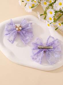 2个/10个装 女孩双层网纱珍珠水钻蝴蝶结发夹套装 - 彩色 - 查看 3