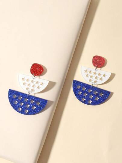 1 Pair Women's Semi-Circle Acrylic Patchwork American Flag Color Pendant Earrings, Suitable For 250th Anniversary Of US Independence Celebration Accessories