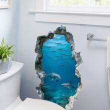 1片水下世界洞穴效果貼紙，海豚與鯊魚裝飾貼紙，創意浴室牆面裝飾自黏可移除，適用於2026年足球世界盃 - 多色 - 查看 3
