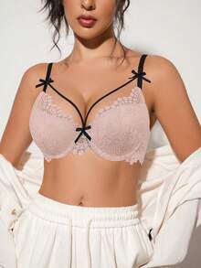Women's Pink Lace Push Up Bra - Breathable, Comfortable, Contrast Bow Detail & Romantic Design - Pink - View 4