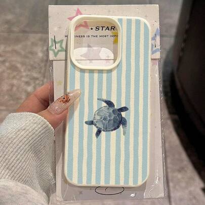 1个TPU材质浅蓝色条纹海龟图案手机壳，兼容 17 Pro Max/17/16 Pro Max/15/13/12/11、S20 FE/A15/S24/A55、Note 11/Note 12/Note 13 Pro，全包防摔软壳保护套