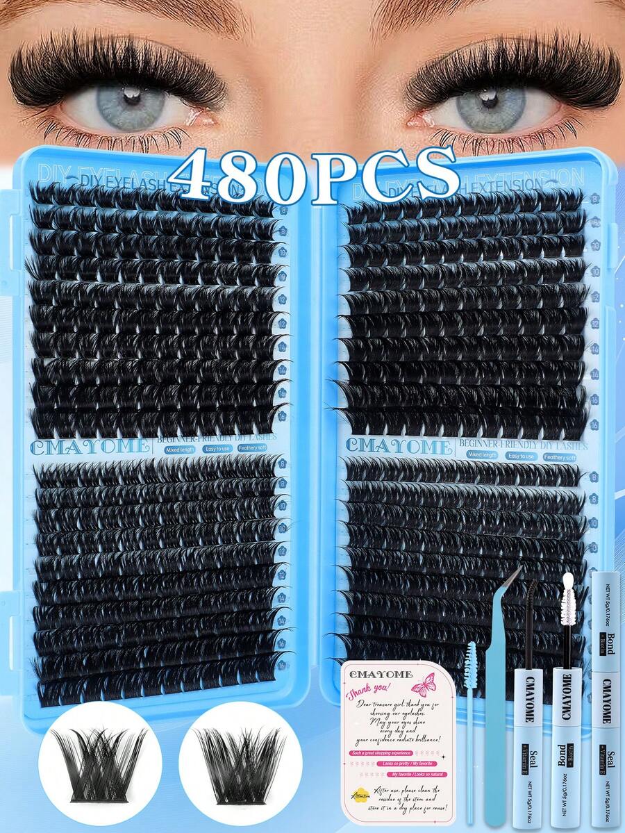 480/440/200PCS Lash Clusters DIY Lash Extension Kit Fluffy Wispy Dramatic Volume Beginner Friendly At Home Salon Look With Bond & Seal Kit Fluffy
