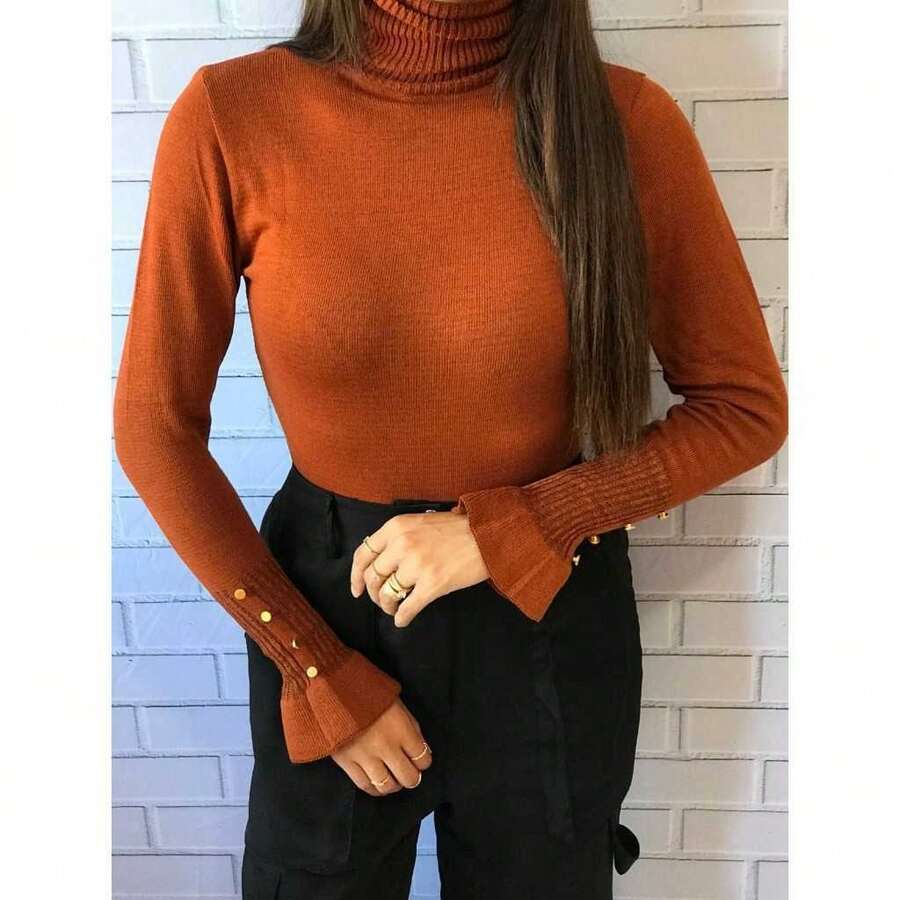 Women's Fashion Knit Blouse With Turtleneck Collar, Ruffled Sleeves, Button Detail, Sweater - New Release - Lạc đà - Xem 1