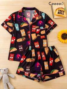 New 2-Piece Casual Food And Bell Style Home Set, Short Sleeved Shorts, Breathable Pajamas, Retro Style, Home Decor - 黑色 - 查看 11
