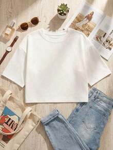 2pcs Women's Loose Cropped Round Neck Short Sleeve T-Shirt, Suitable For Spring/Summer Wear, Casual/Minimalist/Elegant/Sexy/Streetwear/Y2K Style, Suitable For Office/Home/Street And Various Occasions - 黑與白 - 查看 4