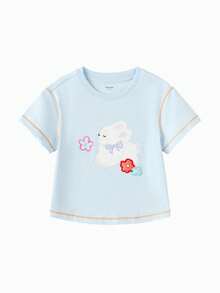 Balabala Áo thun dệt kim mùa hè cho bé gái 2026, chất liệu 100% cotton mềm mại, nhẹ và thoáng khí, tay ngắn, thích hợp mặc hàng ngày. - màu xanh băng - Xem 1
