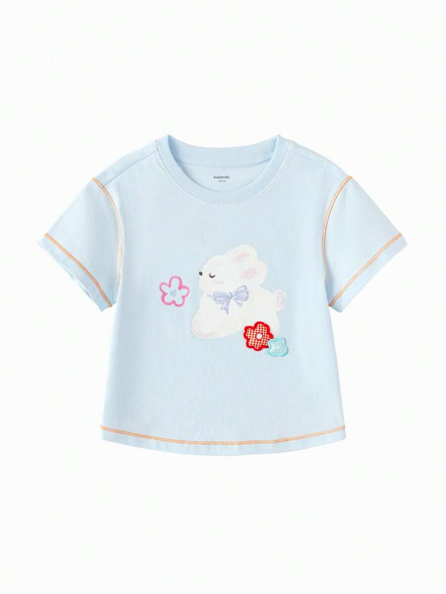 Balabala Áo thun dệt kim mùa hè cho bé gái 2026, chất liệu 100% cotton mềm mại, nhẹ và thoáng khí, tay ngắn, thích hợp mặc hàng ngày. - màu xanh băng - Xem 1