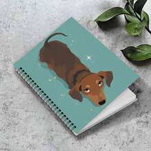 1 pieza de un lindo cuaderno de espiral con tapa dura de un Dachshund alemán - con un fondo azul cielo con estrellas doradas y hojas verdes, perfecto para uso diario en la oficina, la escuela o para llevar un diario, cuaderno escolar - H - Ver 1