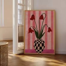 1pc Frameless Tulip In Checkered Vase Berry Pink Maximalist Modern Floral Art Canvas Poster Print For Living Room, Bedroom, Dorm Room Decor - Tulip - View 6