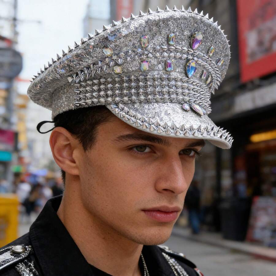 Sparkling Rhinestone Rivet Sequin Captain Hat, Luxury Glitter Party Cap For Bachelorette, Hen Party, Stage Show Costume, One Size Fits All - Silver - View 1