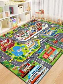 儿童汽车地毯，玩具汽车和火车游戏垫，儿童道路交通游戏垫，防滑底游戏区地毯，儿童卧室和游戏室的理想礼物 - 彩色 - 查看 2