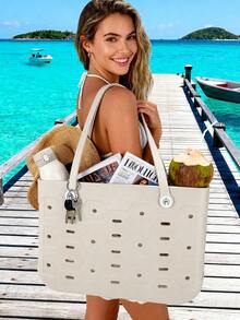 Oversized EVA Beach Tote Bag, Multi-Size Durable Rubber Tote Handbag For Women, Lightweight & Breathable Open Top Shopping Bag, Waterproof Sand Resistant Shoulder Bag, Quick Dry Easy Clean, Perfect For Pool Beach Vacation Travel Camping Casual Outings, DIY Ready Solid Color Basket Bag - 彩色 - 查看 2