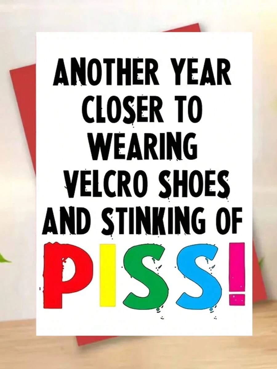 1pc, Rude Humor "Hook And Loop Shoes" Birthday Card. Includes Envelope, Premium Matte Paper. Bold Typography & Colorful PISS Design. Perfect For Close Friends – The Ideal Cheeky Rude Birthday Card (12cm/4.7in X 17cm/6.7in) - Red Envelope - View 1