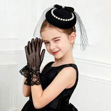 1 Set Elegant Children's Vintage Headpiece Hat And Mesh Gloves Set, Decorated With Satin Roses And Pearls, Suitable For Flower Girls And Stage Performances - Hat + Gloves - View 2