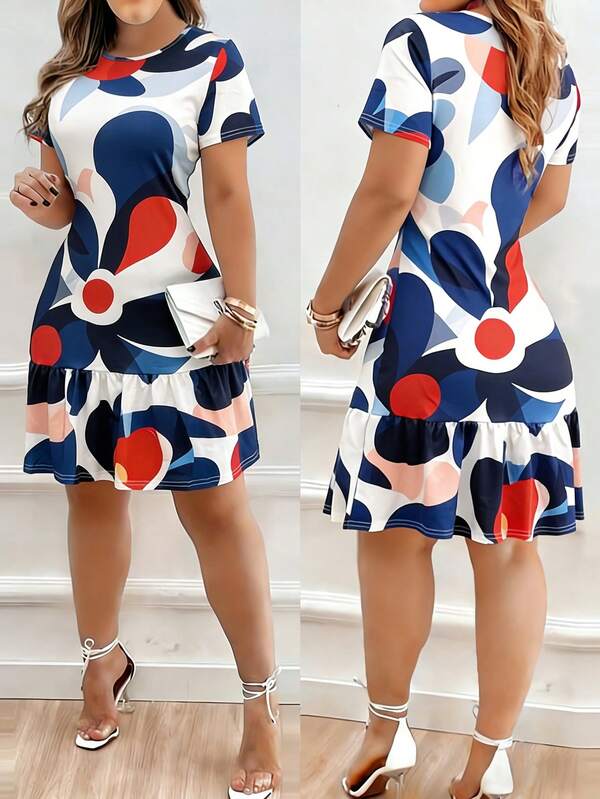 Spring/Summer New Fashionable Elegant Retro Red & Blue Floral Print Waist Cinching Ruffle Hem Bodycon Dress, Round Neck, Suitable For Parties, Outings, Dates Vacation
