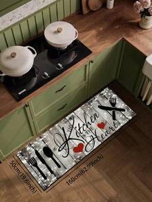 1pc Distressed Gray Wood Grain Silica Gel Kitchen Mat With Sparkling Star Effect, Decorated With Black Cutlery Pattern, Red Heart, And "The Kitchen Is The Heart" Artistic Text, Creating A Cozy Retro Kitchen Atmosphere. Luxury Fashion Kitchen Rug With Cushioning Anti-Fatigue Material - Multicolor - View 17