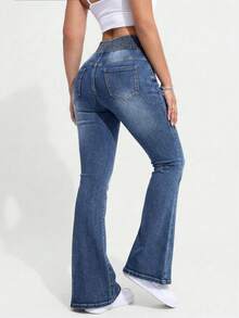 Women's Single-Breasted Slim Fit Stretchy Flare Leg Jeans Casual - Dark Wash - View 2
