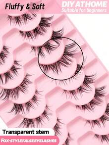 10对斜角飞扬D型卷翘蓬松假睫毛，DIY，仿貂毛质感，浓密自然，适合动漫、日常妆容，透明睫毛梗，猫眼造型 - 查看 5