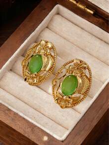 1 par de pendientes de botón con hoja ovalada de núcleo verde, pendientes de flor tallada hueca, accesorio elegante para el trabajo y uso diario - Verde - Ver 7