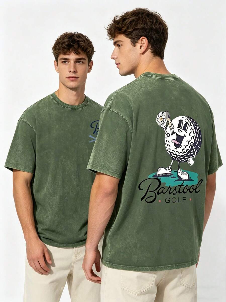 230g Vintage Washed Pure Cotton Men's T - Shirt, Featuring A Casual And Stylish Design With A "Barstool GOLF" Golf - Ball Print. Ideal For Outdoor Sports, This T - Shirt Offers A Loose Fit And Is Made From Soft Knitted Fabric - 軍綠色 - 查看 1