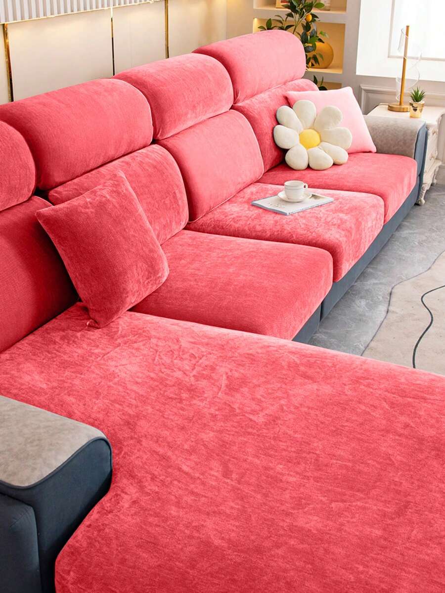 1pc Velvet Drawstring Solid Color Home Decor Sofa Seat Cushion Cover