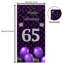 Cartel de fondo morado con texto en inglés "Happy 65th Birthday", globos para cabina de fotos, decoración temática de corona plateada para mujer, 65 años, aniversario, fiesta de cumpleaños, suministros de decoración - 1 - Ver 3